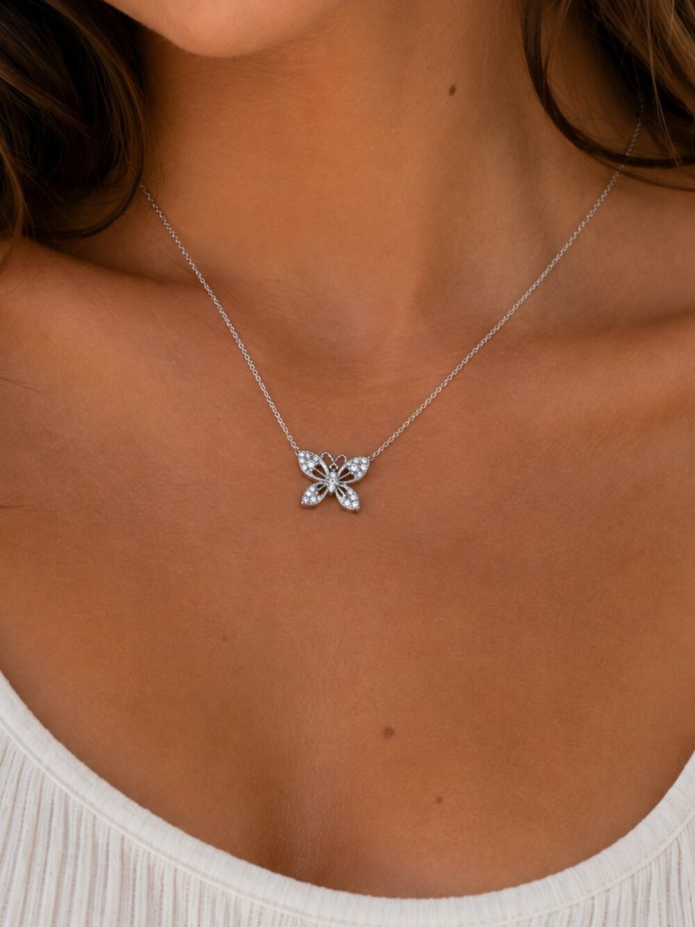 0.1 CTW Natural Diamond Butterfly Necklace 18" on S925 Sterling Silver Chain